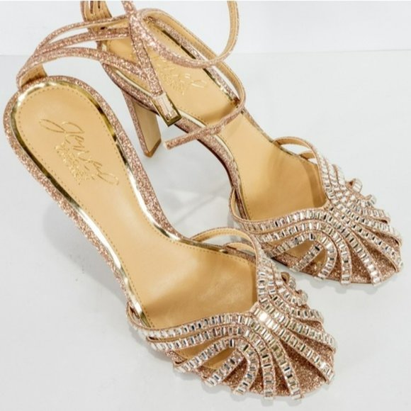 Jewel by Badgley Mischka Polly High Heel Evening Sandals Rose Gold Glitter -6.5 - Picture 4 of 5